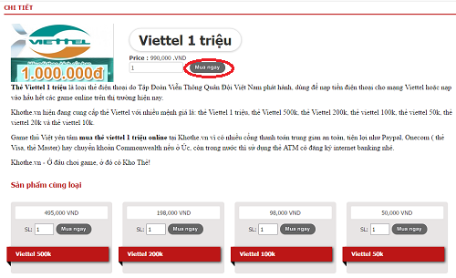 Mua thẻ viettel 1 triệu online
